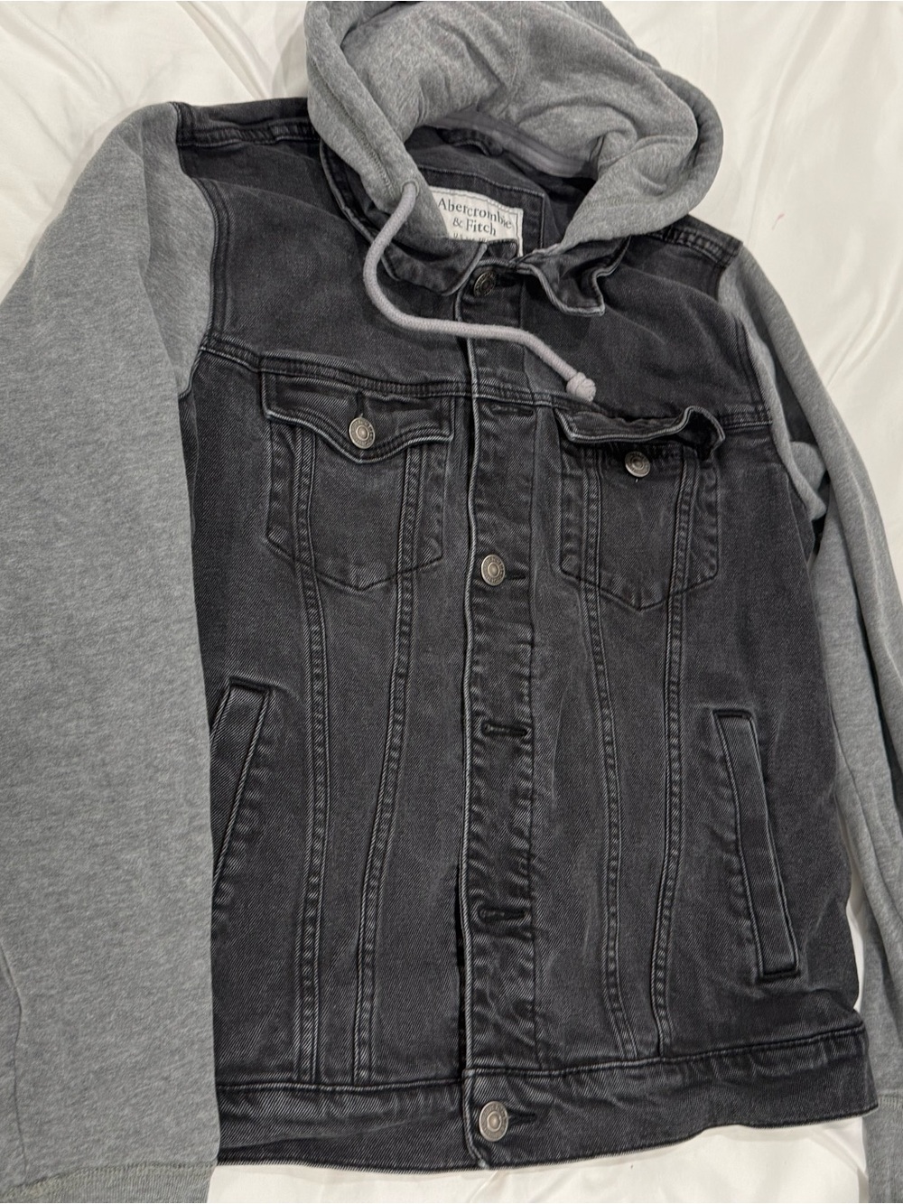 Abercrombie & Fitch Charcoal Denim Jacket with Gray Hoodie and Sleeves